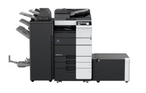 Konica Minolta bizhub 458e mono multifunctional photocopier with additional large capacity paper trays and booklet finisher