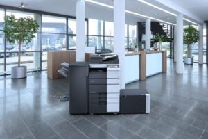 Konica Minolta bizhub 458e multifunctional mono photocopier in open plan office / college location