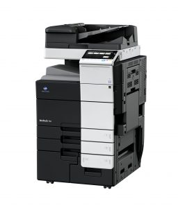 Konica Minolta bizhub 758, Mono multifunctional photocopier, with large capacity tray and showing the manual bypass