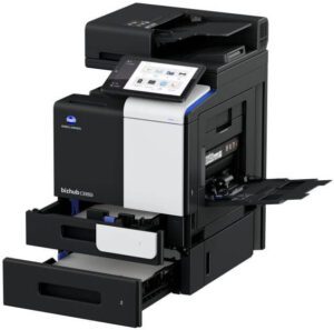 bizhub C3350i with open paper trays and manual bypass